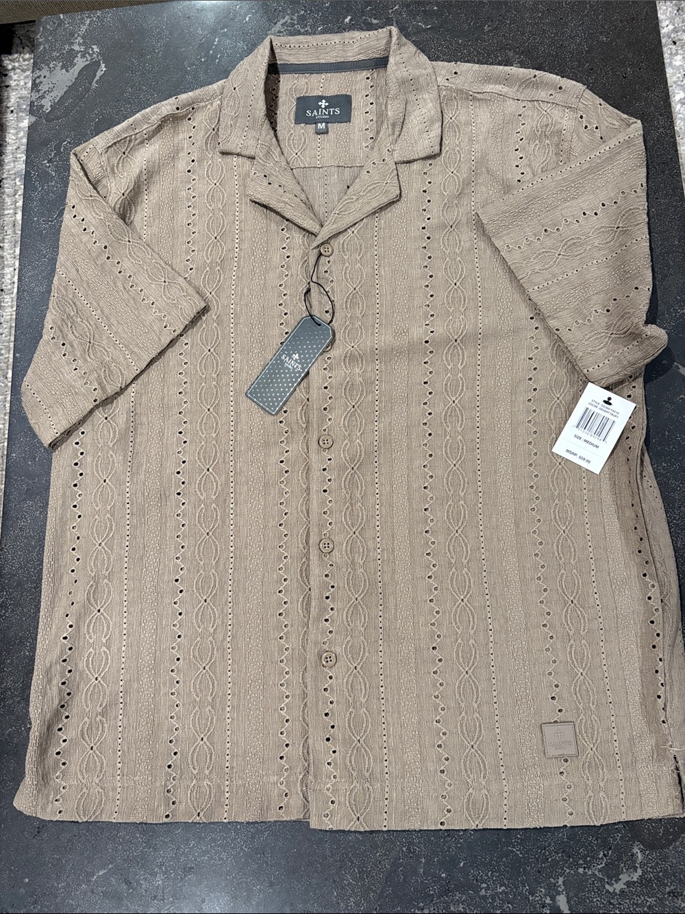 Saints Studio NWT Beachy Dressy Short-Sleeve Button Shirt in Dark Taupe Size M